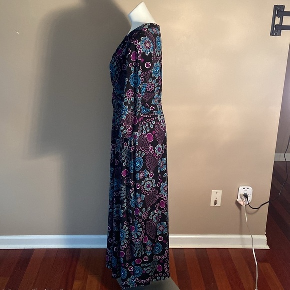 Clues Collection Black Jewel Print Long Sleeve Stretch Maxi Wrapped Dress V Neck - Picture 5 of 8
